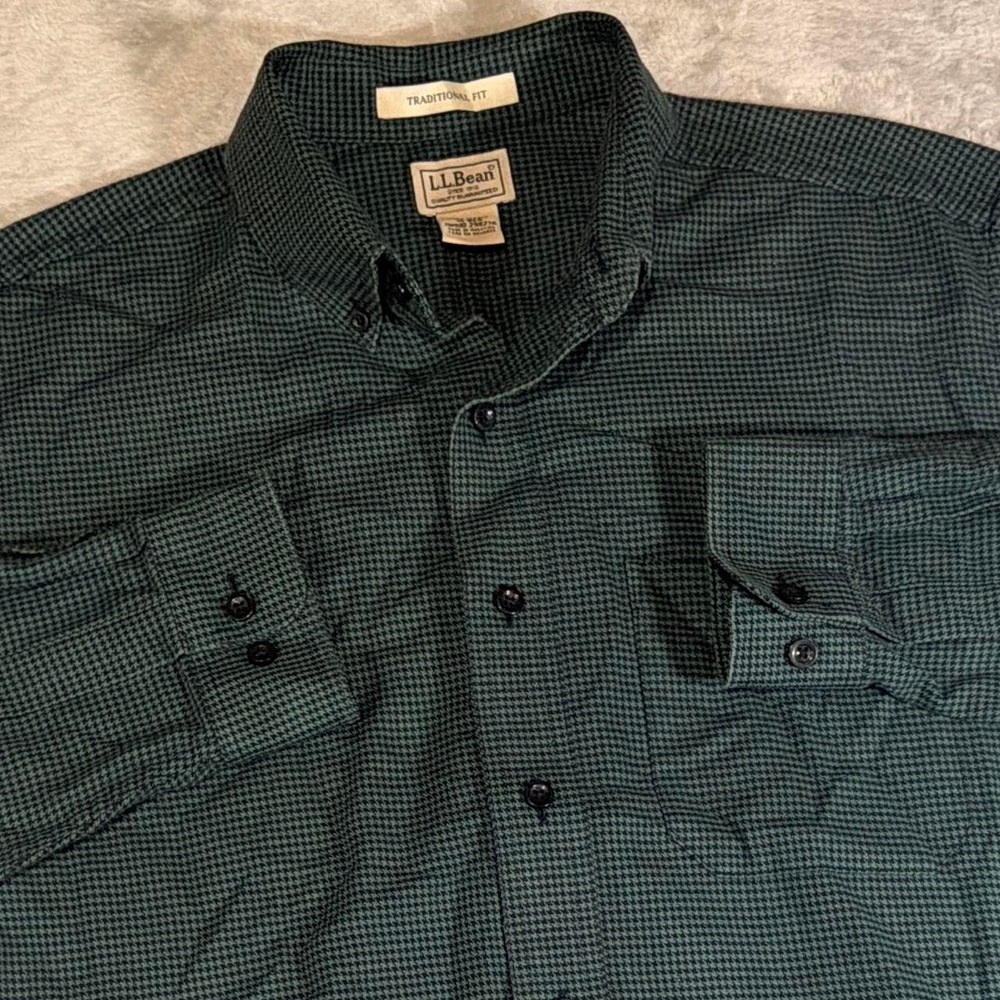 Y2K Vintage L.L.Bean Houndstooth Button-Down Shirt | Green | Medium